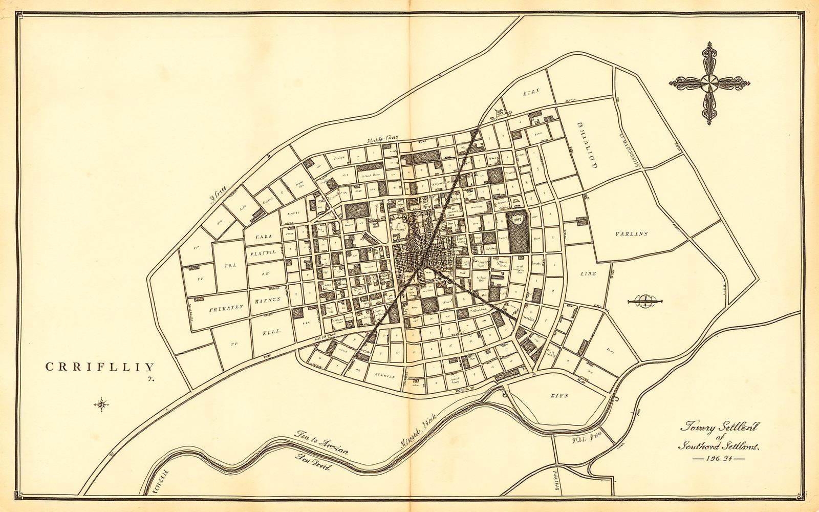 Plano histórico de una ciudad colonial con retícula de manzanas y plazas sobre pergamino envejecido