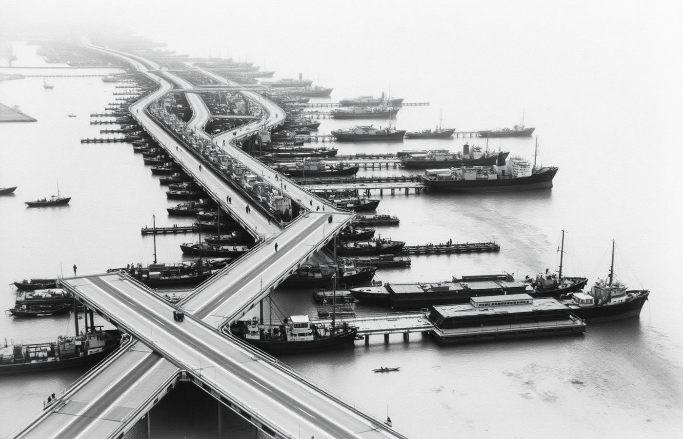 Fotografía de archivo en blanco y negro de un puerto artificial flotante con pasarelas y barcos descargando